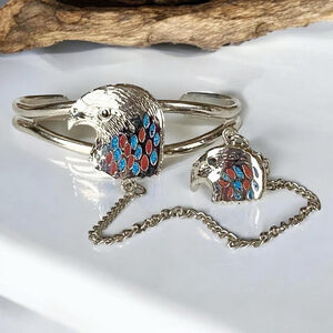 Vintage 80s Native Style Eagle Head Slave Bracelet Ring, Silver Red Turquoise